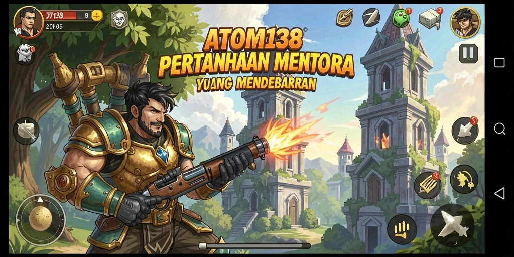 Screenshot utama ATOM138 menampilkan aksi gameplay Tower Defense yang intens.