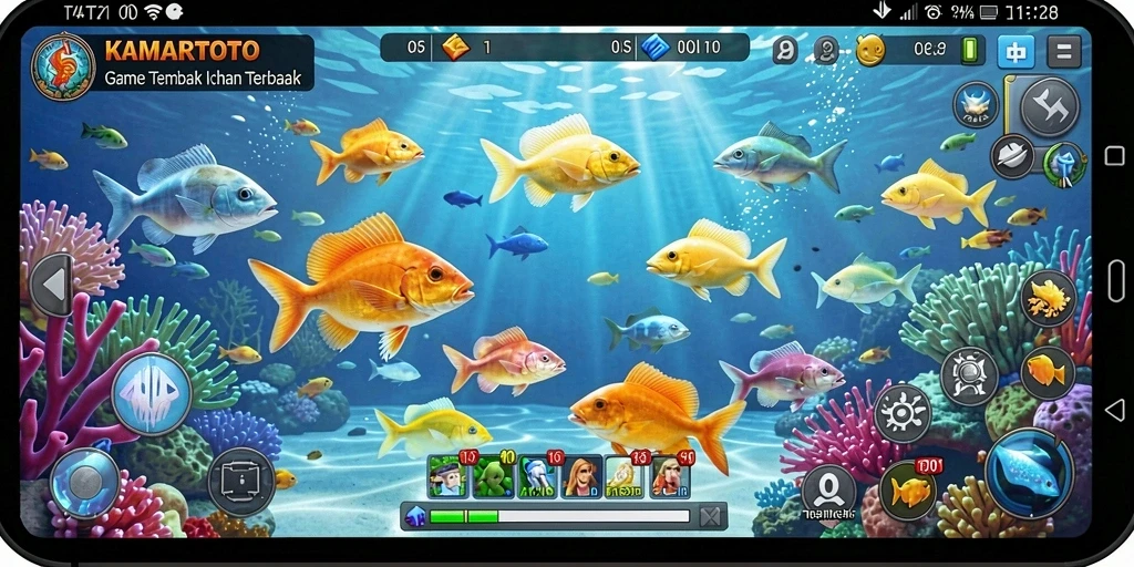 Tampilan dinamis dari gameplay KAMARTOTO saat menembak ikan.