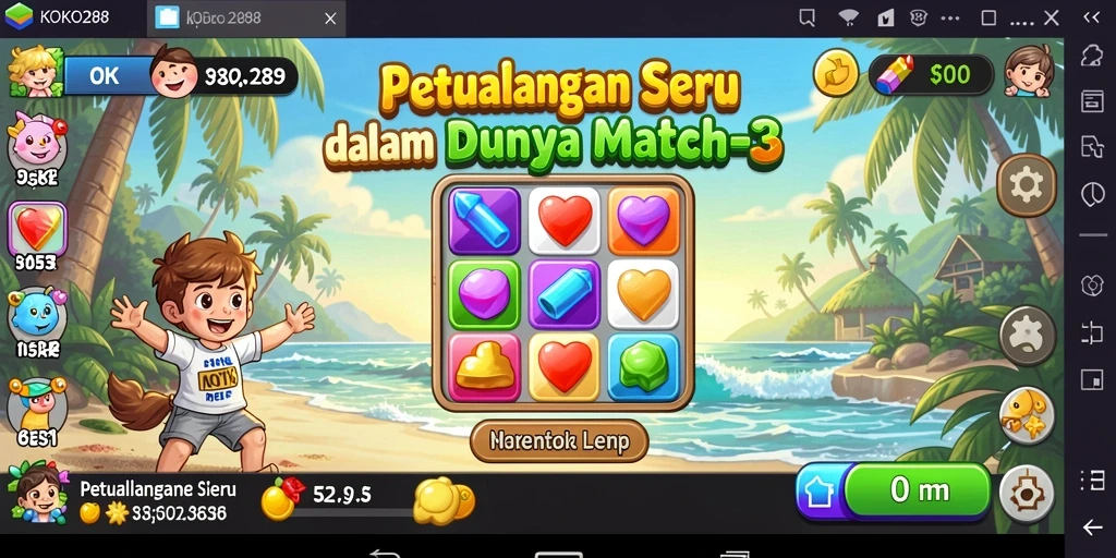 Screenshot gameplay KOKO288 menampilkan kombinasi cerah dalam permainan Match-3.